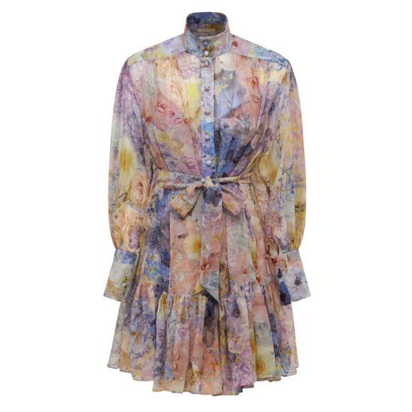 Zimmermann Mini Dress Sz 2 Multicolor Abstract Floral Print Belted Long Sleeve - Picture 2 of 9